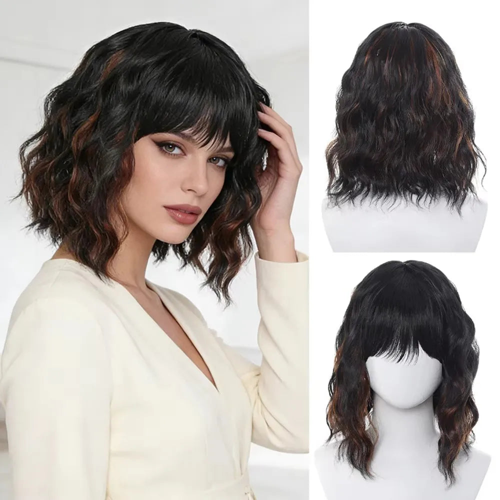 Natural Black Short Curly Wig for Women - Shoulder Length Wavy Bob with Bangs | Synthetic Heat-Resistant Hair