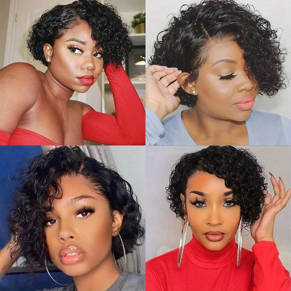 Short Curly 13x1 Lace Curly Pixie Cut Wig 180% Density Human Hair Lace Front Bob Wigs for Women Natural Color Pre Plucked 6 Inch