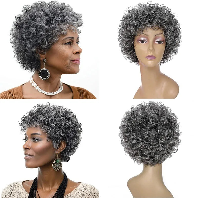 6 Inch 150% Density Full Machine Made Human Hair Wig Short Curly Light Gray Afro Wig Natural Looking For Black Women Daily Wear