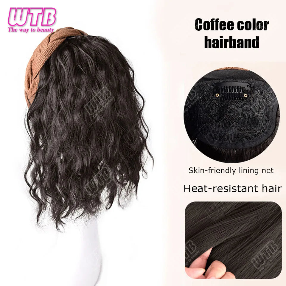 Short Wavy Curly Headband Wig Clip on Hair Extension U-Shaped Hairpieces Synthetic Natural Fake Half Wig for Women