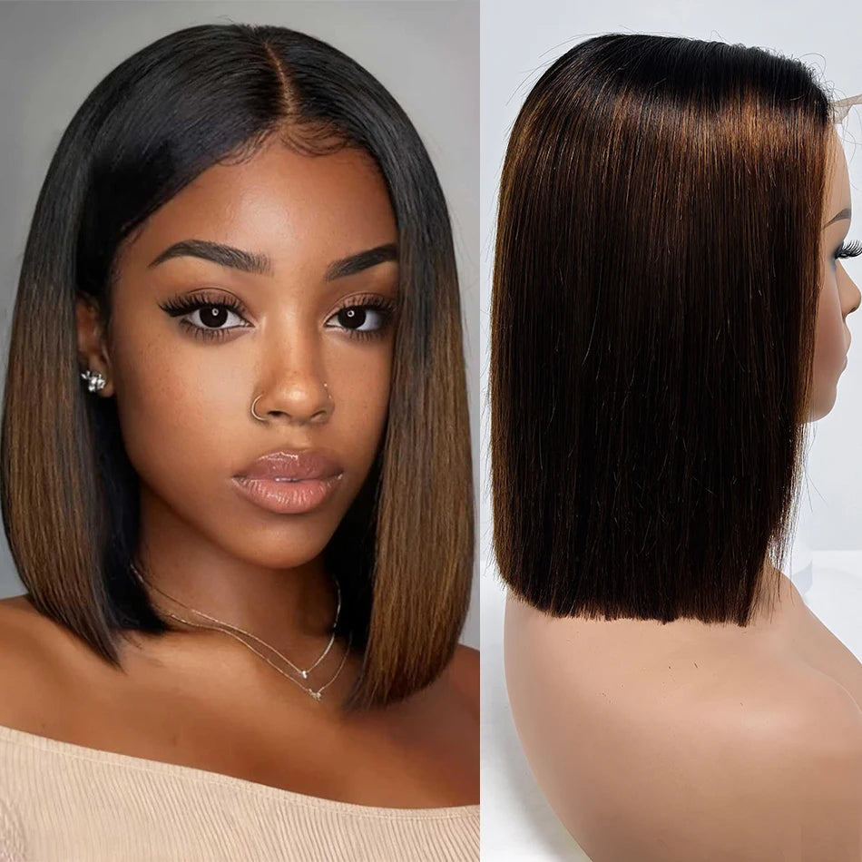 100% Remy Human Hair Bob Straight Glueless Lace Clousre Wigs Pre Plucked 300% Density Ombre Bone Straight 5x5 HD Lace Front Wigs