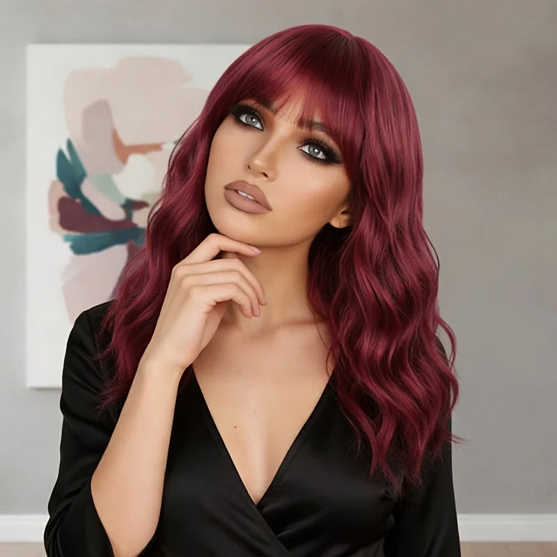 Wine Red Bob Synthetic Wig for Women Short Wave Curly Hair with Bangs 14 Inch Natural Look Party Cosplay Costume Hairpiece