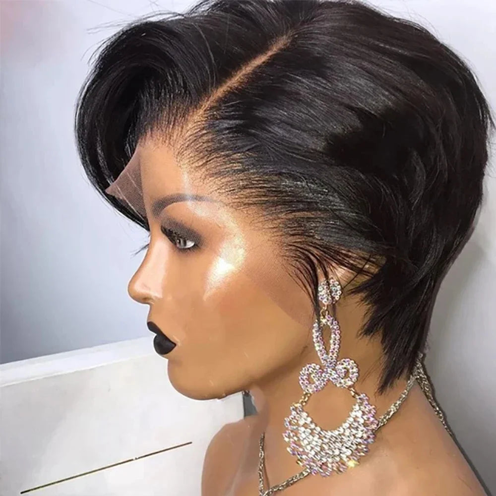 13×4 frontal lace remy wig for women 8inch short straight pixie cut human hair wig natural black/#4  color 150%density