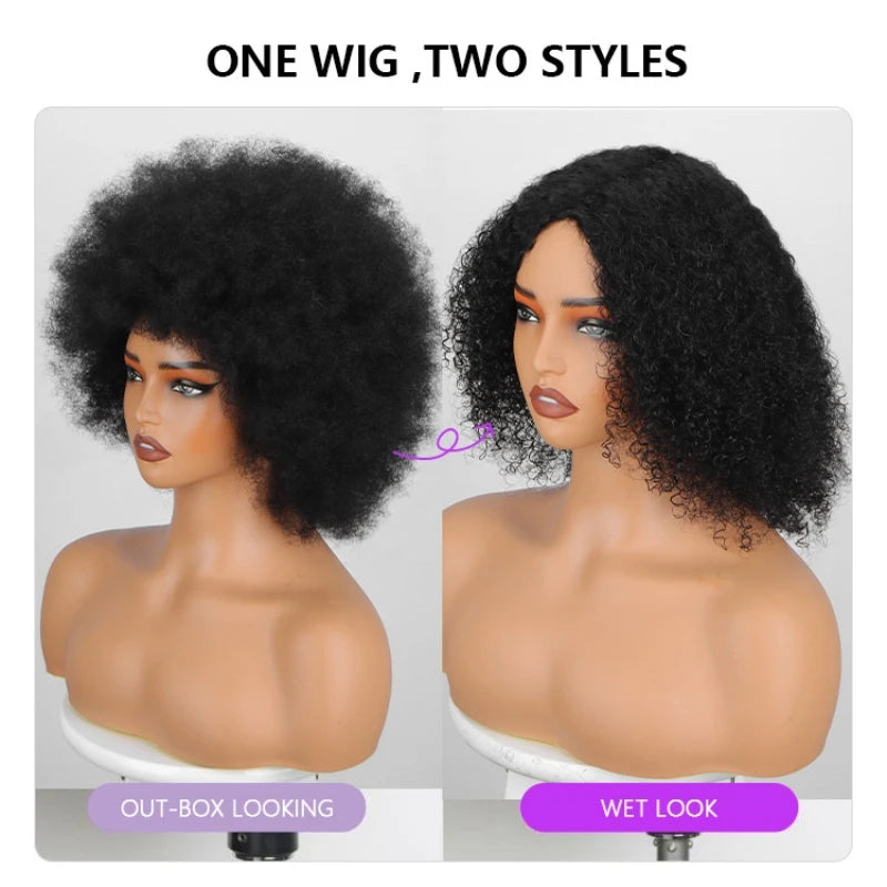 Natural Black 70s Afro Bouncy Curls Human Hair Wigs With Bangs Full Machine Made Kinky Curly Short Bob Glueless Wigs Wear and Go