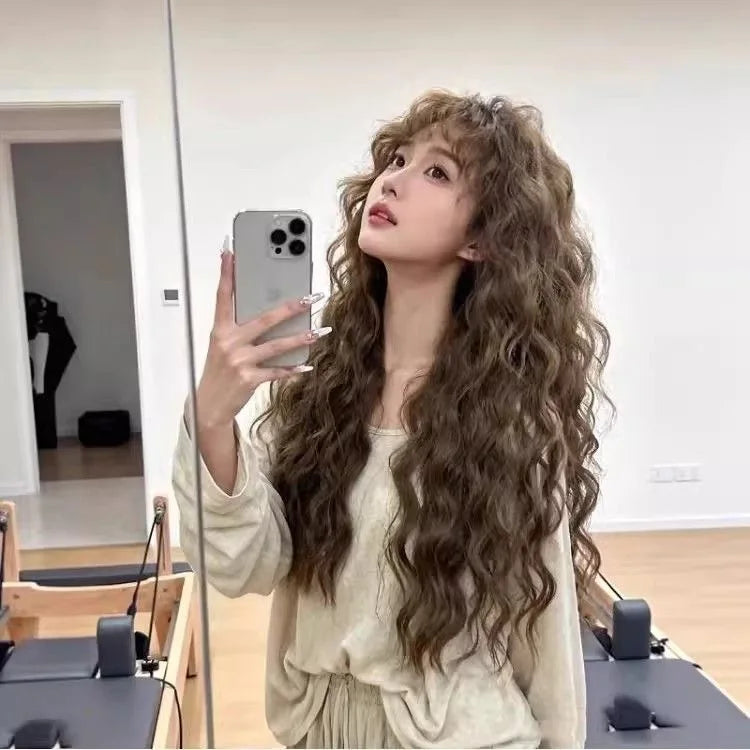 Synthetic Women's Korean-style Woolly Waves Bangs Long Wavy Hair Cold Brown Egg Curl Daily Realistic Human Hair Wig