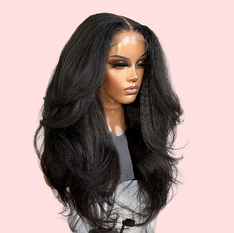 Super Soft Double Texture Yaki Body Wave 13x4 Lace Front Wig Synthetic 26Inch 180Density Kinky Straight Wavy Lace Front Wig