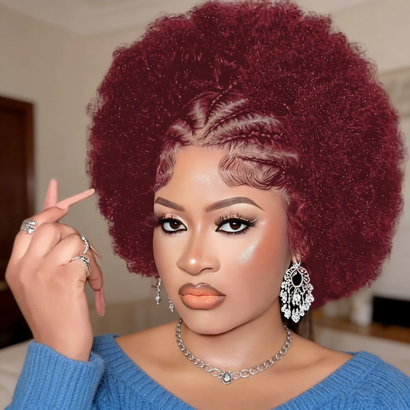 13x4 Lace Front Braided Wigs Human Hair, Pre Braided Afro Kinky Curly Wigs Afro Puff Design for Women