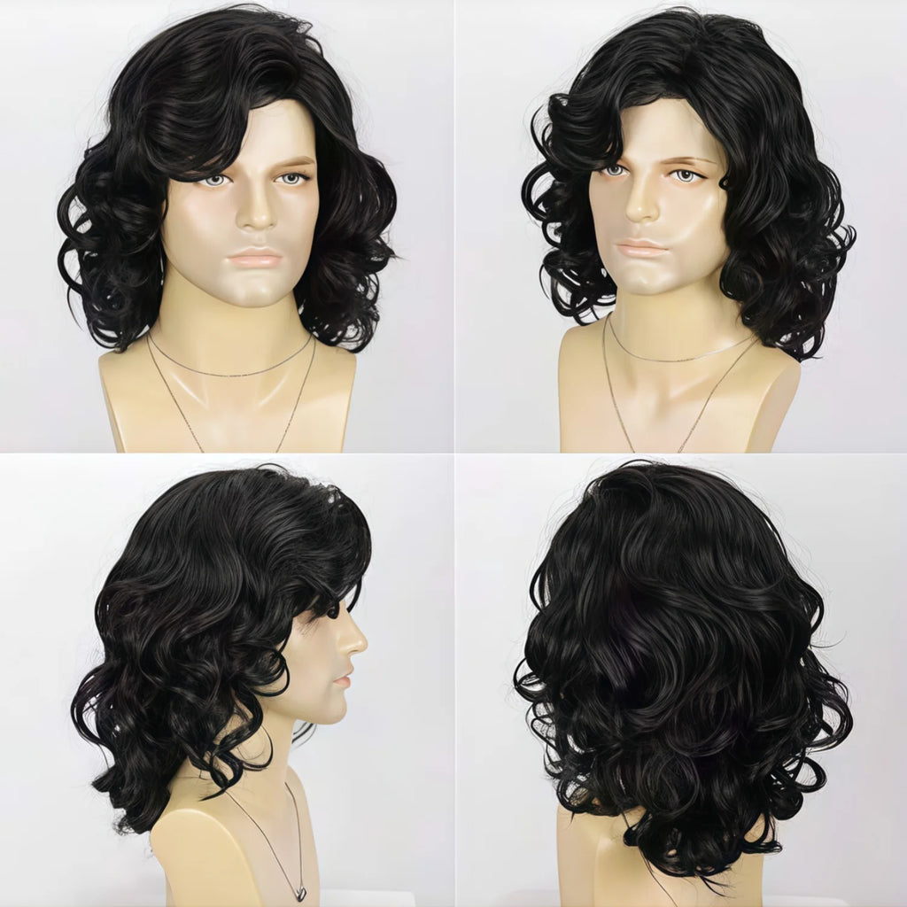 Men's and Women's Medium to Long Wavy Wig with Bangs and Curly Hair, Black Short Curly Synthetic Wig, Natural Wavy Black Brown
