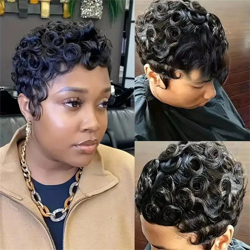 Short Bob Women's Human Hair Pixie Cut Wig Full Machine Made Short Layered Curly with Bangs, Natural Black 210% Density