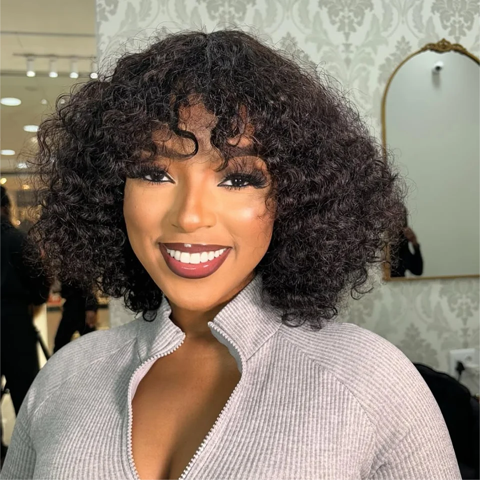 Short Curly Bob Human Hair Wig With Bangs Honey Blonde Highlight Peruvian Water Wave Pixie Cut Bob Wig Bouncy Water Waves Wigs