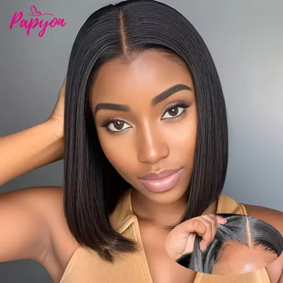 2026 New 10 Inch 4x4 Lace Front Synthetic Wig, Bone Straight Short Bob Preplucked Soft Brazilian Style Daily Wear Fashion Lace F
