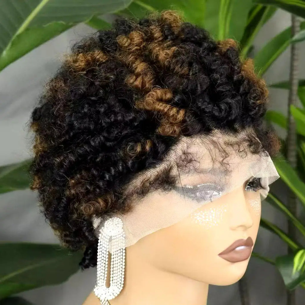 Short 4C Hairline Dark Ombre Afro Kinky Curly Bob Wig Human Hair Wigs 13x4 Lace Front 4C Edges Natural Hairline Wigs for Women