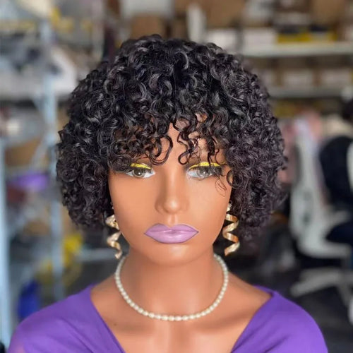 12A Human Hair Short Pixie Curly Fringe Wigs for Women 6inches Natural Color Full Machine Wigs Remy Hair with Bangs