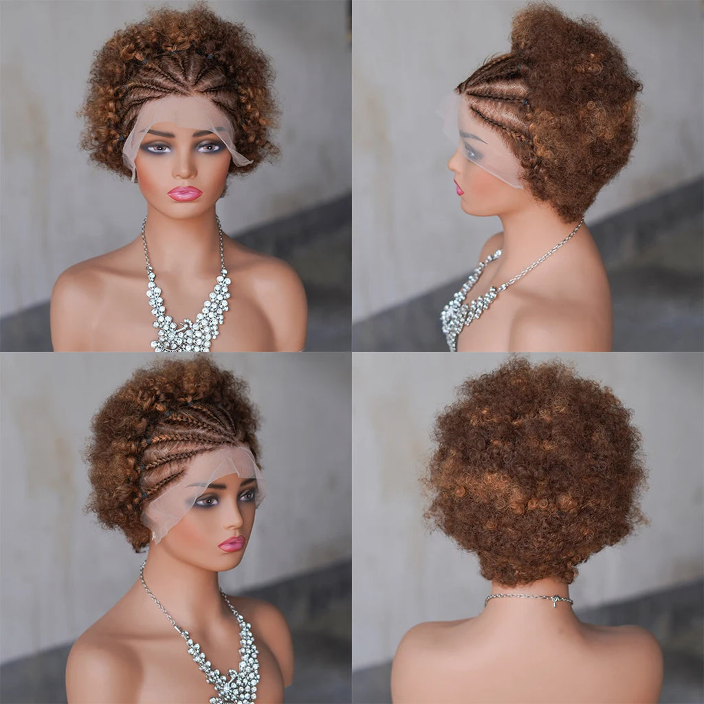Afro Curly Wigs Colorful Human Hair Wigs with Braids 13×4 Lace Front Wig Remy Human Hair Wig for Women