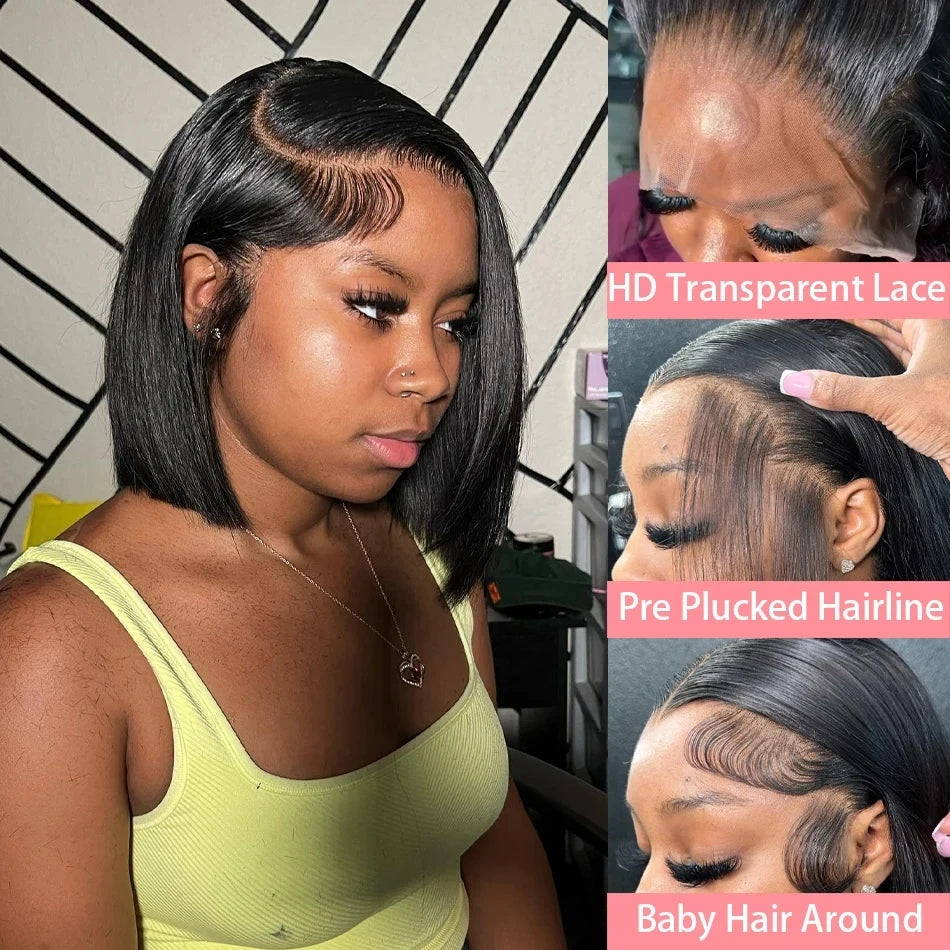 300 Density Bone Straight 13x4 Lace Frontal Wigs Short Bob Wig Brazilian Remy 100% Human Hair 2x6 Transparent Lace Front Wig