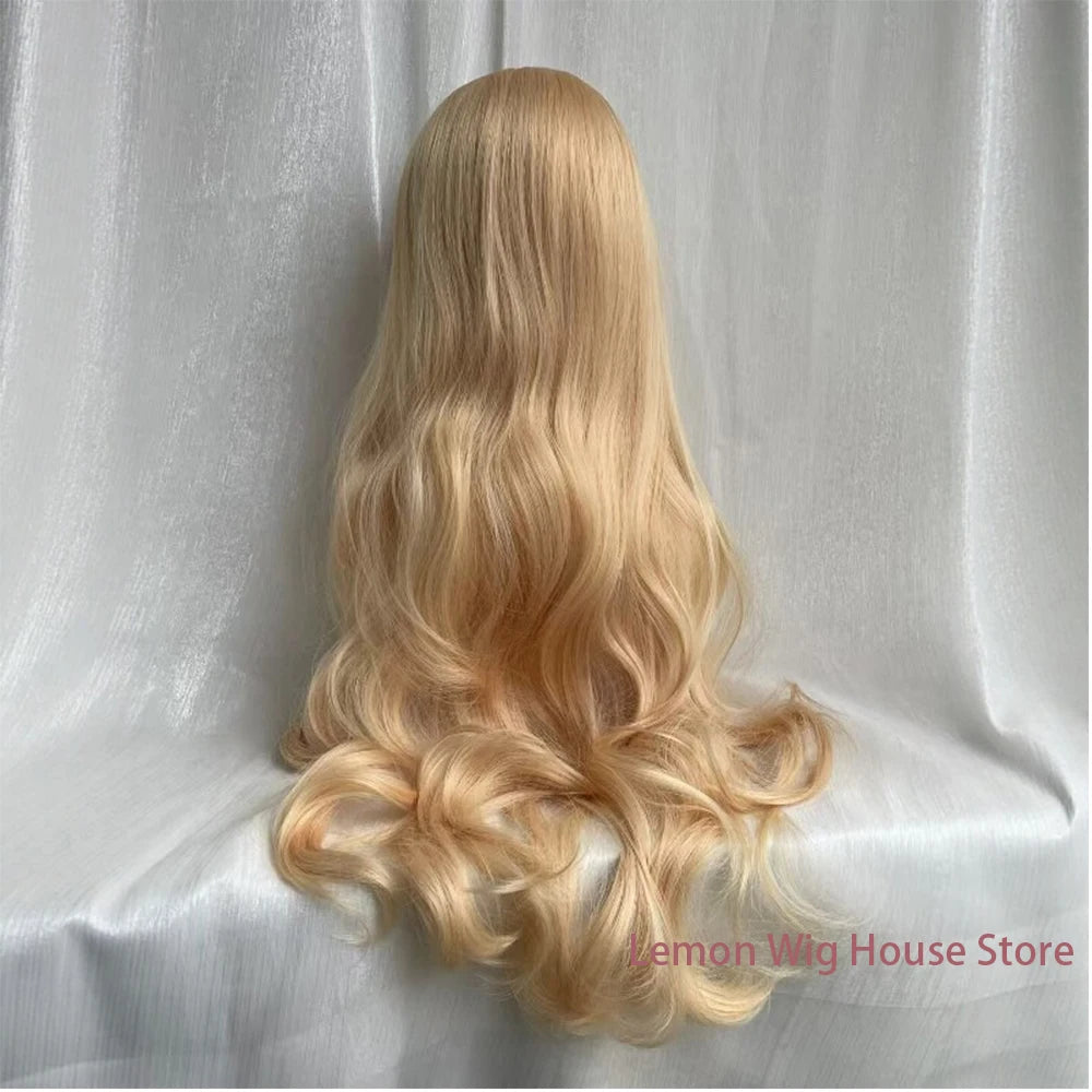 Long Wavy Blonde Synthetic Wig with Bangs Natural Long Curly Hair Lolita Wig for Women Daily Cosplay Halloween Harajuku Wigs