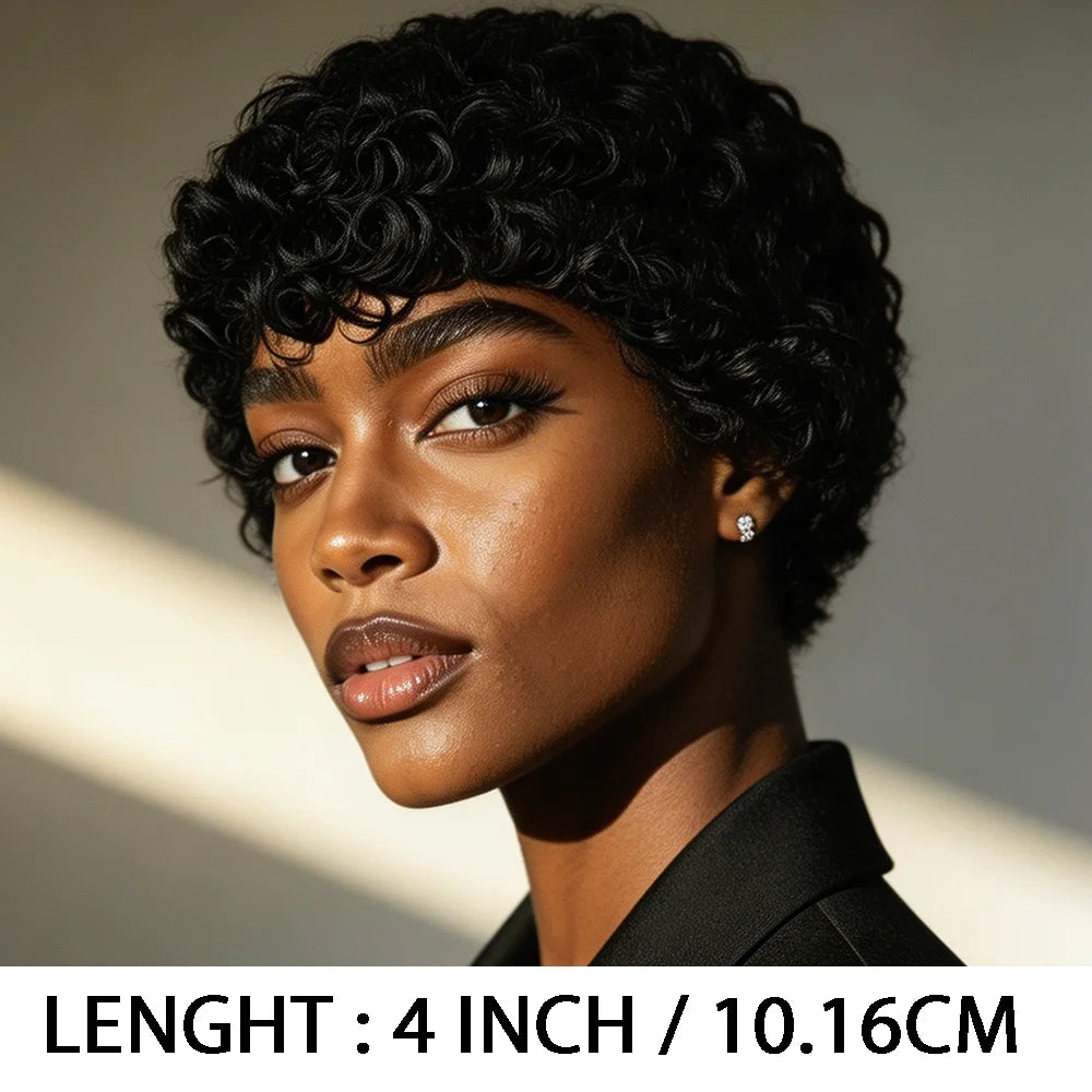 Natural Black Short Kinky Curly Wig with Bangs 100% Human Hair Machine-made Black Pixie Cut Curly Wig for Women Breathable Cap