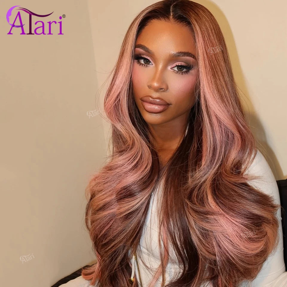 More Highlights Color 13x4 13x6 Lace Frontal Body Wave Wig Pink Brown Human Hair Wigs Pre Plucked Brazilian Remy Hair for Women