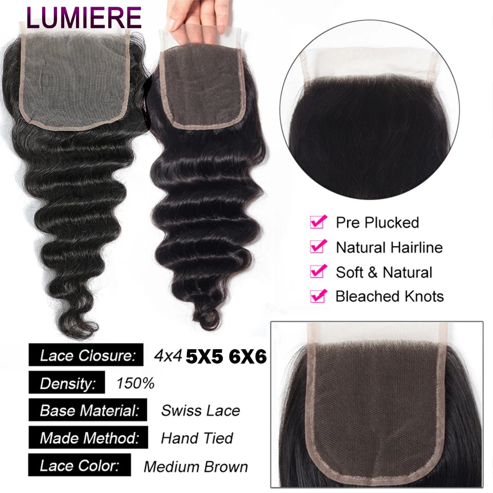 Lumiere HD 5x5 6x6 7x7 Lace Closure Loose Deep Wave Pre Plucked Swiss 13x4 13x6 Full Frontal Only Natural Black 100% Human Hair