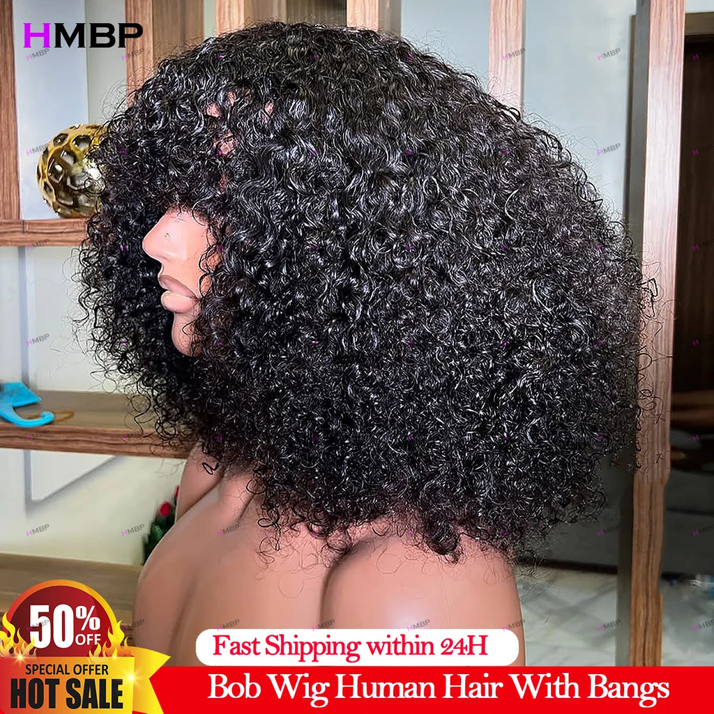 Jerry Curly Short Bob Human Hair Wigs With Bangs Wear To Go Glueless Wig Deep Curly Brazilian Water Wave Wigs For Black Women
