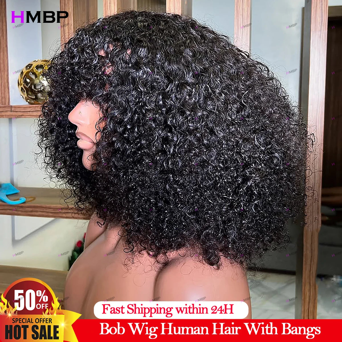 Jerry Curly Short Bob Human Hair Wigs With Bangs Wear To Go Glueless Wig Deep Curly Brazilian Water Wave Wigs For Black Women