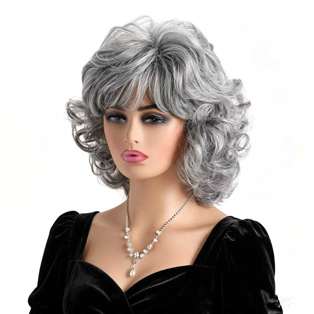 Gray Short Curly Wigs for Women Synthetic Heat Resistant Hair Wig with Bangs Old Lady Wig for Daily Party Cosplay Halloween Hair
