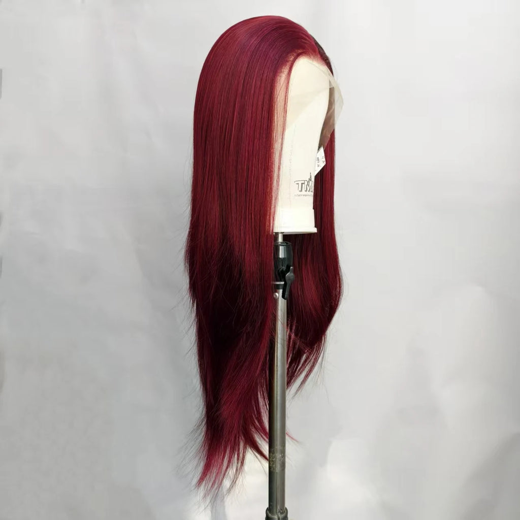 Wine Red Lace Front Wig Pre Plucked Natural Straight Red Wig Heat Resistant Fiber Synthetic Glueless Wig  for Women