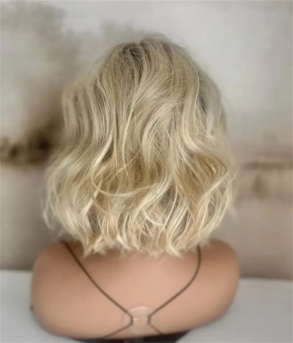 Layered Short Wave Bob Wig Warm Blonde Highlights Lace Front Wig Heat Resistant Fiber Dark Roots Realistic Look Free Part Wig