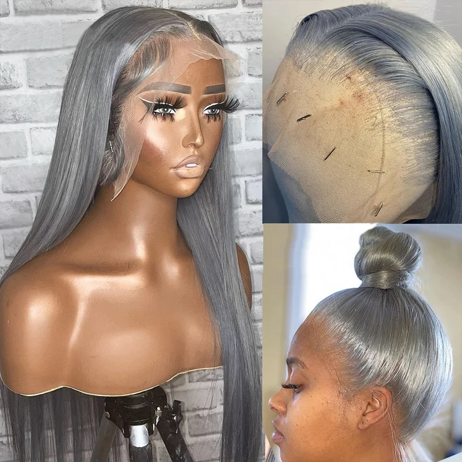 Grey 13x4 Lace Frontal Wigs for Women Human Hair Straight Silver Grey Colored Lace Front Wig Remy Brazilian Wigs 30 32 34 Inches