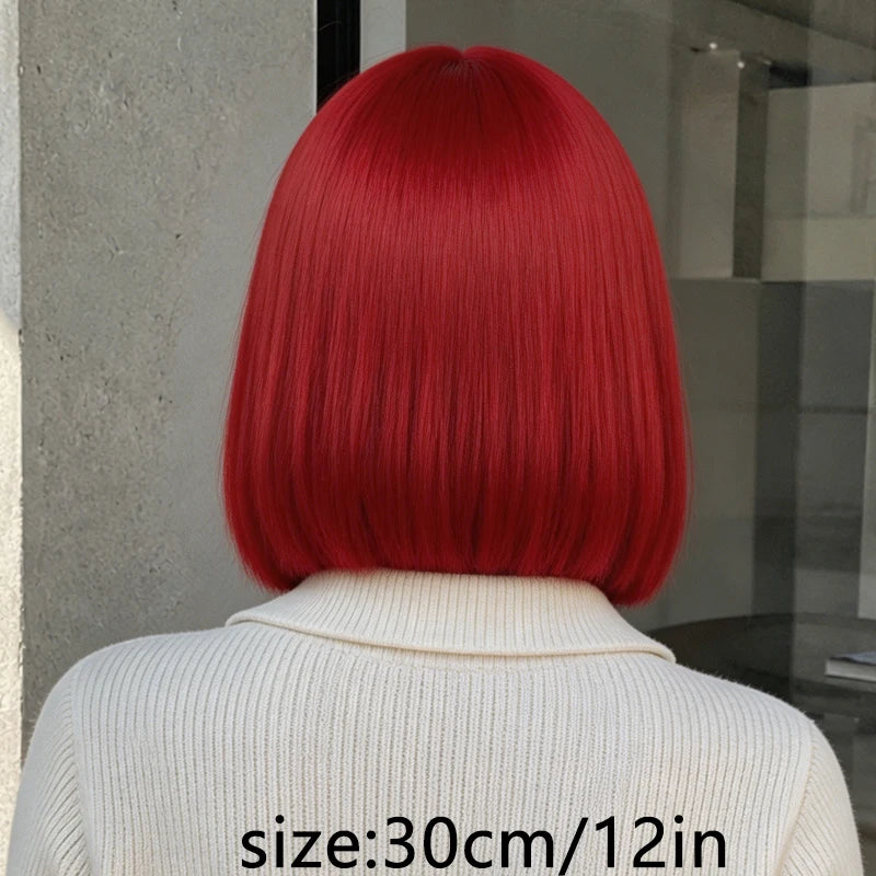 Stylish and elegant red bob with synthetic hair strands, 12-inch women's wig, suitable for parties and events.