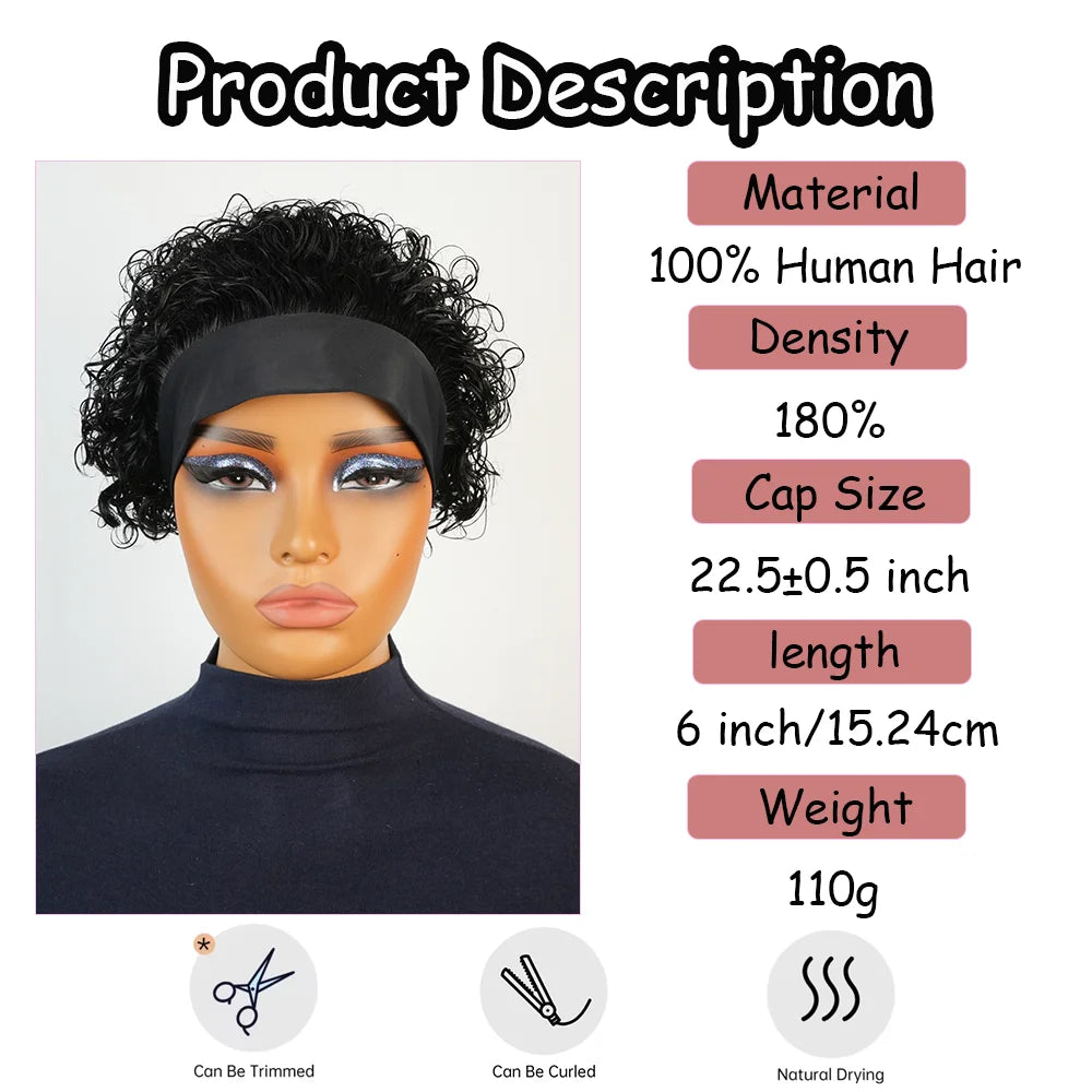 Headband Wig Human Hair for Woman Pixie Cut Wig Short Curly Hair Headband Wig Machine Made 180% Density Black Beginner Friendly
