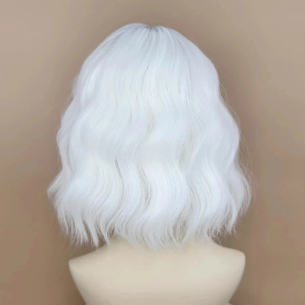 Synthetic Short Curly White Bob Wig with Bangs for Women Daily Cosplay Lolita Party Fake Hair Heat Resistant