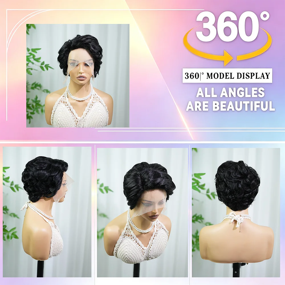 Black Curly Pixie Wigs Human Hair 100% Natural Realistic Tangle Free 13X4X1 Lace Front Glueless Wig For Women Ready To Wear