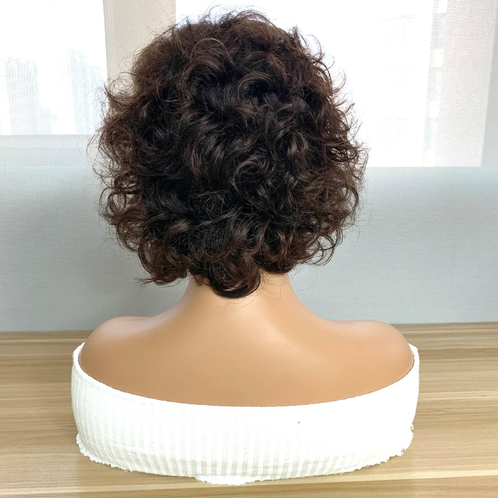 Bouncy Curly Short Pixie Bob Cut Human Hair Wigs With Bang Ombre Color Non Lace Full Machine Made Wig For Women Remy Hair