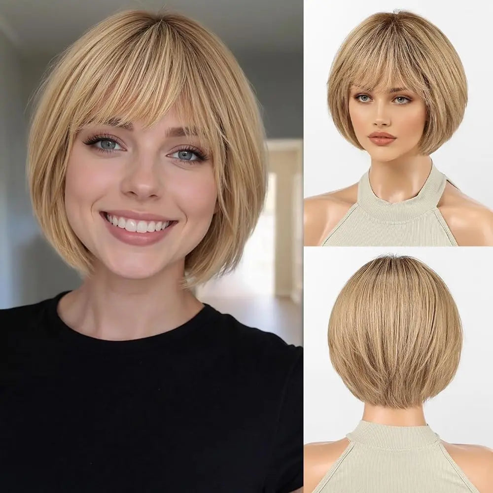 100% Human Hair Short Bob Wig with Bangs Honey Blonde Golden Highlights Glueless Wig for Women Heat Resistant Natural Daily Use