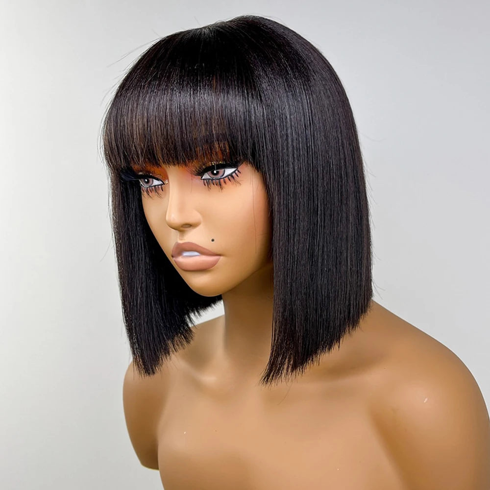 Bob Wig With Bangs Human Hair Bone Straight Brazilian Short Bob Wigs Human Hair For Women Ready To Wear Natural Black Color