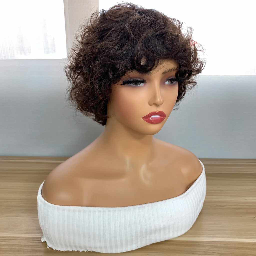 Bouncy Curly Short Pixie Bob Cut Human Hair Wigs With Bang Ombre Color Non Lace Full Machine Made Wig For Women Remy Hair