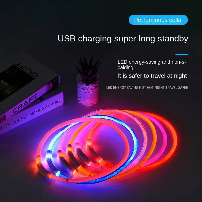 70cm Adjustable LED Dog Collar TPU USB Rechargeable Lighting Collar Glowing Luminous Night Safety Flashing Glow Collar Leads