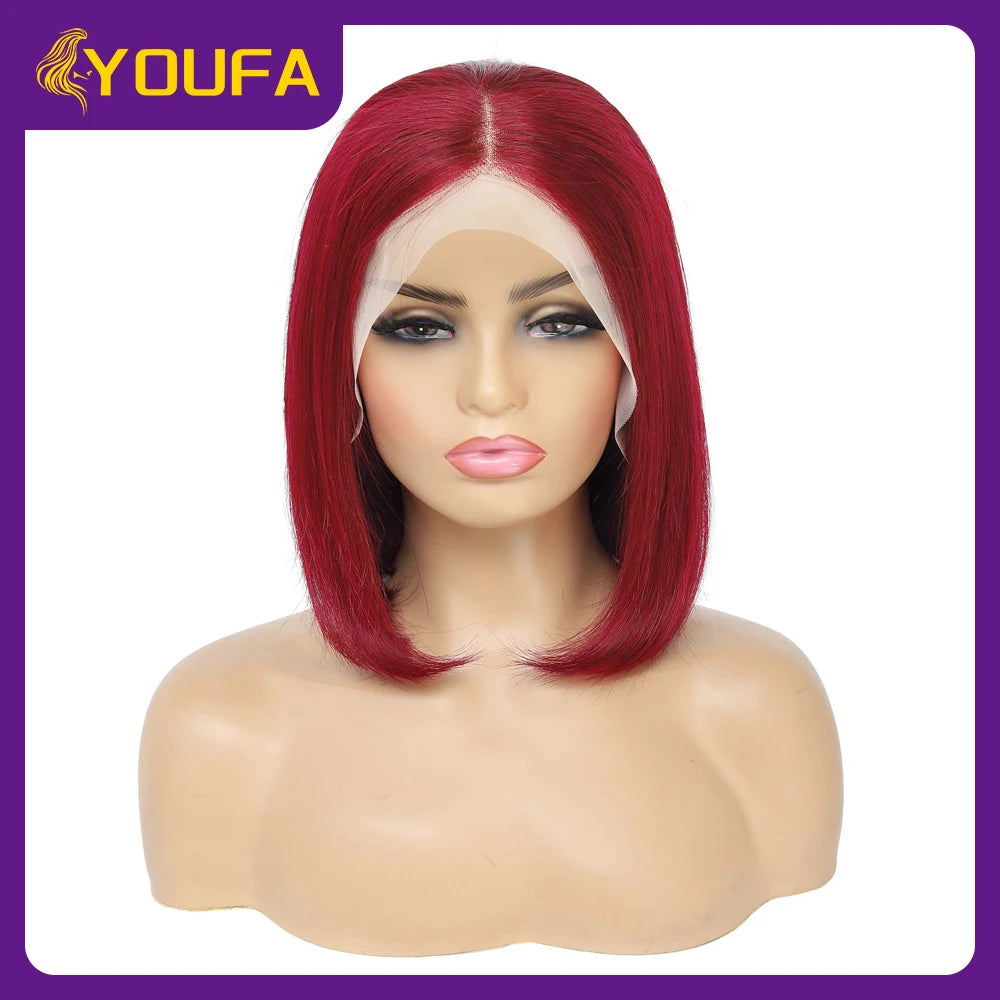 Burgundy 13x4 Lace Front Wigs With Bangs New Style 100% Brazilian Straight Human Hair Wigs Transparent Lace Frontal Bang Wigs