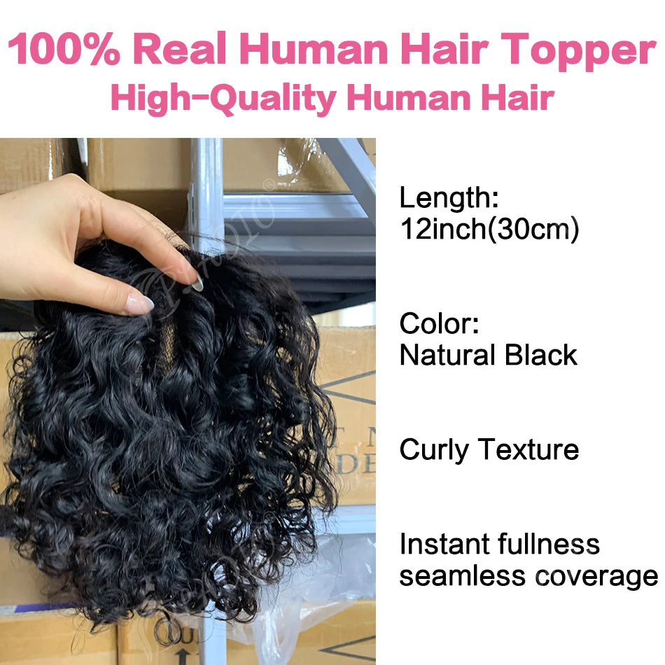 Real Human Hair Toppers for Women Clip In Curly 9x14cm 12 Inch Natural Black Breathable Mesh Base for Thinning Hair Add Volume