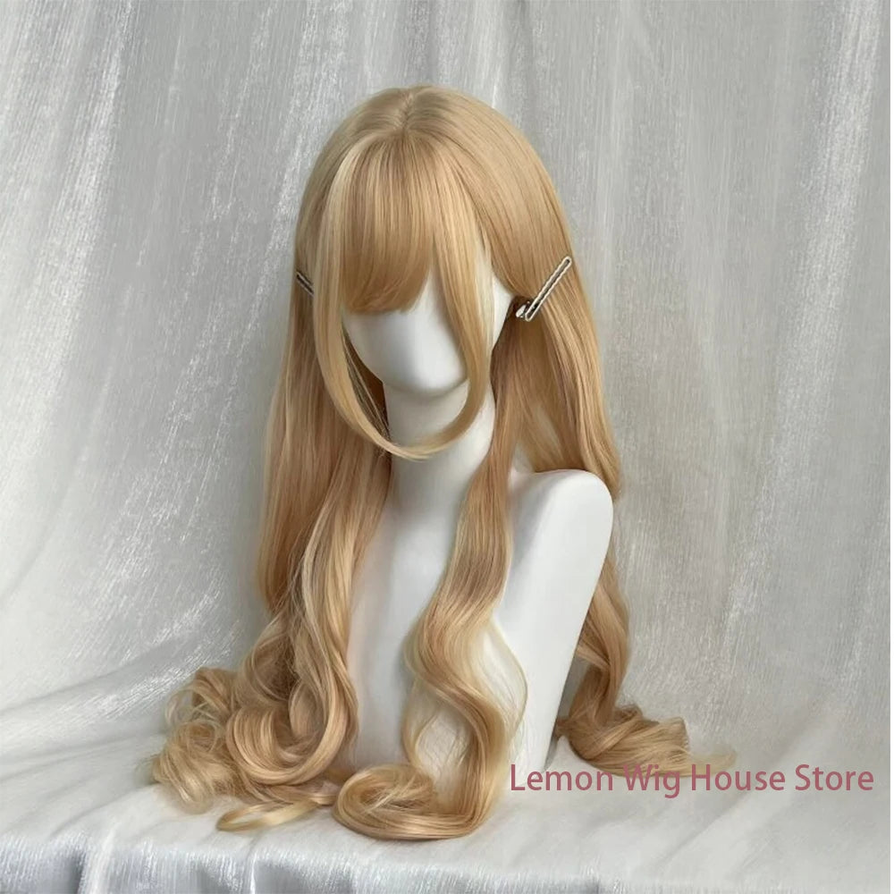 Long Wavy Blonde Synthetic Wig with Bangs Natural Long Curly Hair Lolita Wig for Women Daily Cosplay Halloween Harajuku Wigs