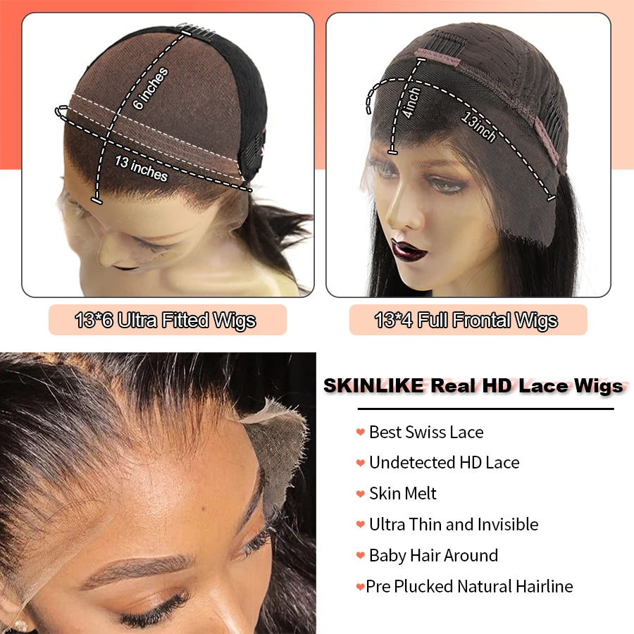 34in Jet Black 13x6 HD Transparent Lace Frontal Wigs Bone Straight 13X4 Real HD Lace Full Frontal Wigs Glueless 250% Pre Plucked