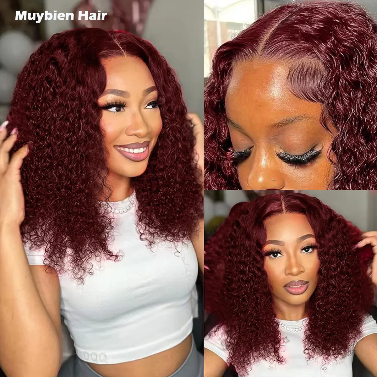 99j Burgundy Pixie Curly Bob Human Hair 5by5 Lace Closure Curly Wig 350% Density Deep Curly Wine Color Short Bob Wigs for Women