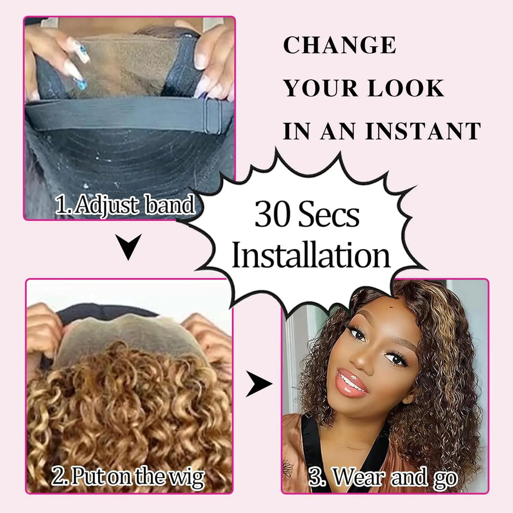 4/27 Highlight Color Curly Bob Wig Human Hair Deep Wave 200% Density 5x5 Glueless Closure Bob Wigs 14 Inch Ombre Brown Lace Wigs