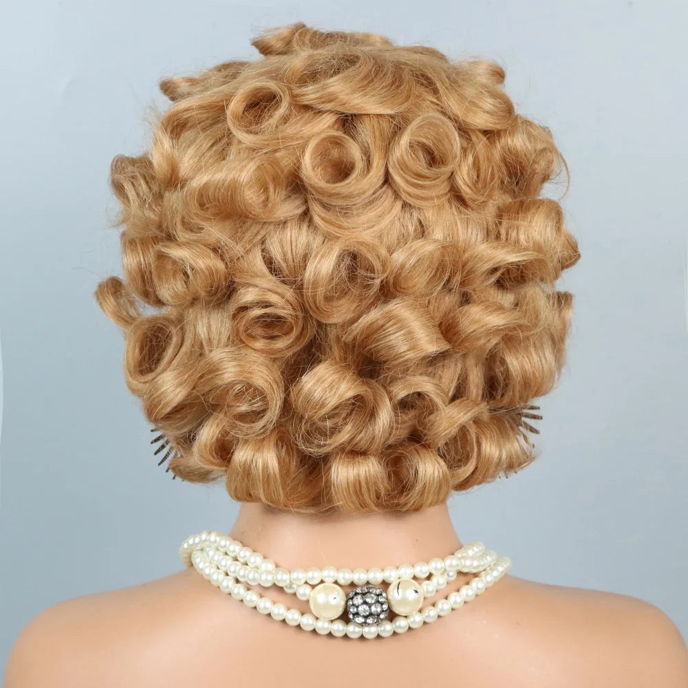 Short Curly Pixie Cut Wigs For Women Curly Wig Brazilian Remy Human Hair Blond 27# Short Bob Full Machine Made Wig 200% Density