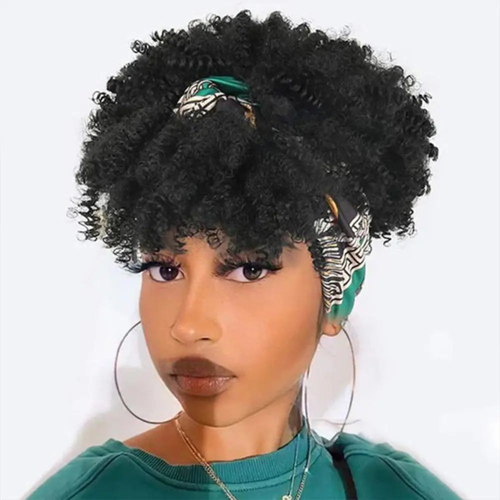 Remy Human Hair Machine Made Headband Wig with Short Black Hair Afro Curly Wigs for Black Women