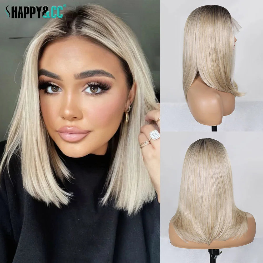Ash Blonde Bob Lace Front Wig Dark Roots Synthetic Lace Front Wig Short Straight Colored Blonde Wig for Women Daily Use