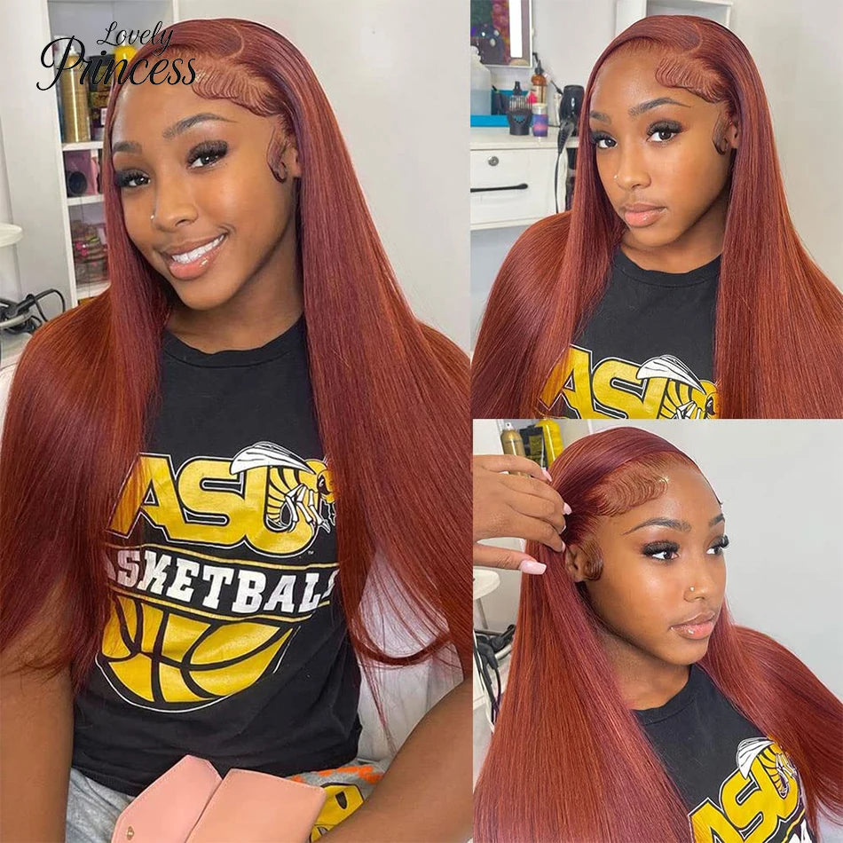 Reddish Brown Bone Straight Lace Front Human Hair Wig Brazilian 13x6 HD Transparent Lace Frontal Wigs For Women Clearance Sale