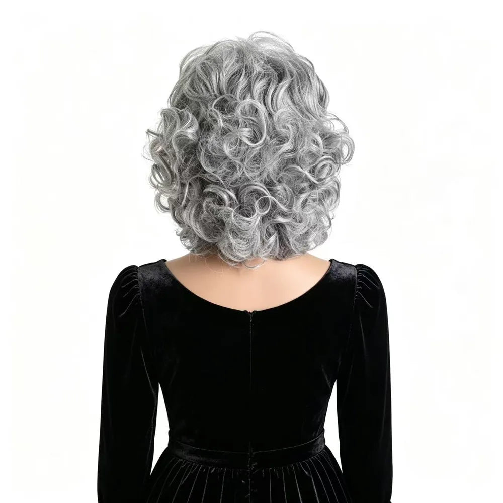 Gray Short Curly Wigs for Women Synthetic Heat Resistant Hair Wig with Bangs Old Lady Wig for Daily Party Cosplay Halloween Hair