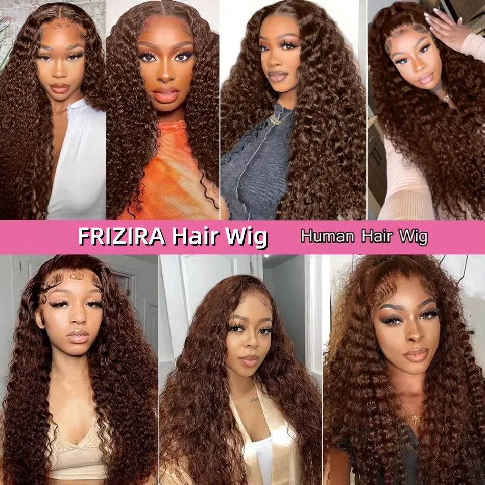 250% Density Chocolate Brown Deep Wave Wigs Human Hair 13x4 13x6 HD Lace Front Human Hair Wig 30 40 Inch Lace Frontal Curly Wig